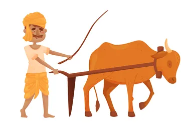 Illustration eines Mannes, der einen Pflug an einen Bullen gesetzt hat