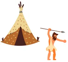 Illustration eines Steinzeitmannes, der neben einem Zelt steht und einen Speer in der Hand hat