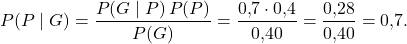 \[ P(P\mid G) = \frac{P(G\mid P)\,P(P)}{P(G)} = \frac{0{,}7\cdot 0{,}4}{0{,}40} = \frac{0{,}28}{0{,}40} = 0{,}7. \]