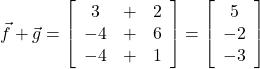  \vec{f} + \vec{g} = \left[\begin{array}{ccc} 3 & + & 2 \\ -4 &  + & 6 \\ -4 & + & 1 \end{array}\right] = \left[\begin{array}{ccc} 5 \\ -2 \\ -3 \end{array}\right] 