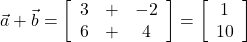  \vec{a} + \vec{b} = \left[\begin{array}{ccc} 3 & + & -2\\ 6 & + & 4 \end{array}\right] = \left[\begin{array}{cc} 1\\ 10 \end{array}\right]