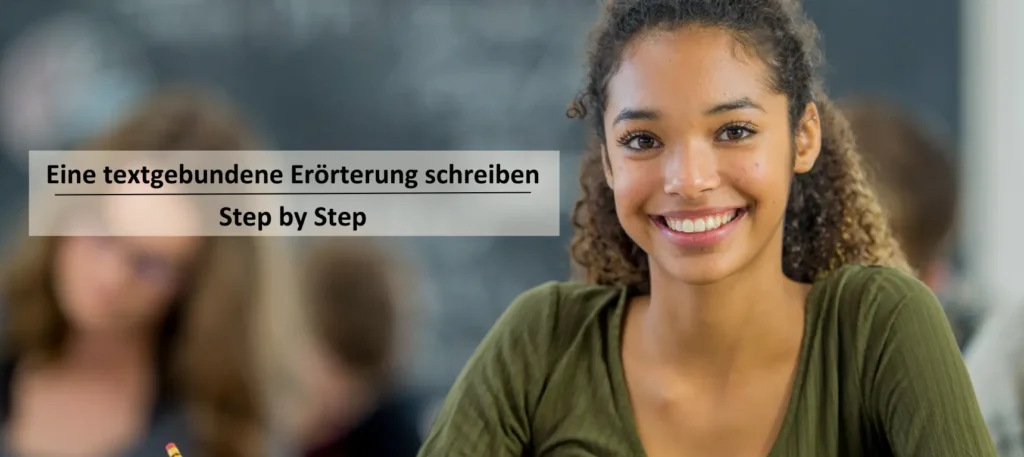 Schülerin, die im Klassenzimmer sitzt und lernt, wie eine textgebundene Erörterung step by step geschrieben wird