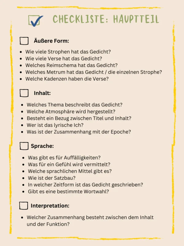 Checkliste Hauptteil: Äußere Form, Inhalt, Sprache und Interpretation