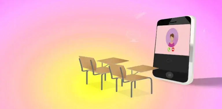 Zwei Stühle in einem bunten Raum vor einem Smartphone