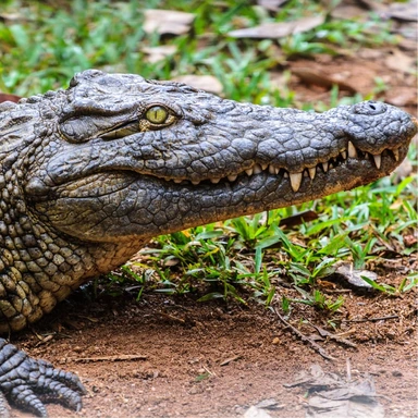 Krokodil Steckbrief Bild eines Krokodils auf dem Land. Man sieht seinen kompletten Kopf.