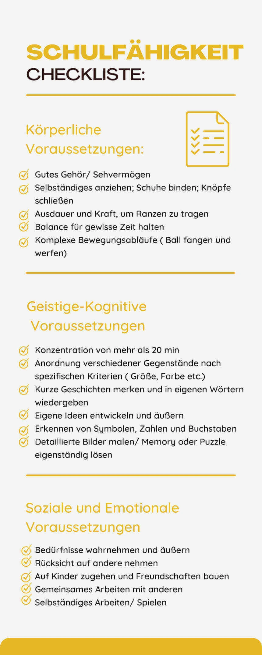Checkliste Schulfähigkeit die körperliche Voraussetzungen, Geistig-kognitive Voraussetzungen und Soziale und Emotionale Voraussetzungen erfasst