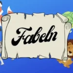 Auf einer aufgerollten alten Schriftrolle steht Fabeln, dahinter gucken ein Fuchs, ein Löwe, eine Schildkröte und ein Wolf hervor.