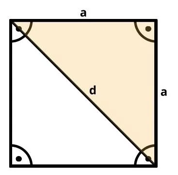 Quadrat mit gekennzeichneten Seiten, Winkeln und eingefärbter Fläche