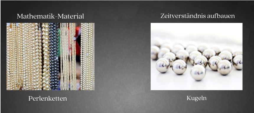 links sind Perlenketten zu sehen für Mathematik und rechts Kugeln zum Lernen des Zeitverständnisses