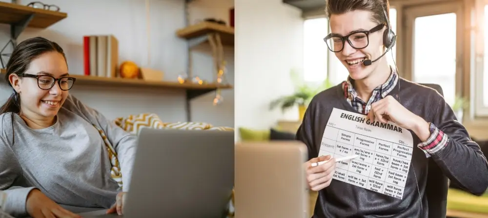 Leistungsnachweis Zwei Leute sitzen vor Laptop bei Nachhilfe