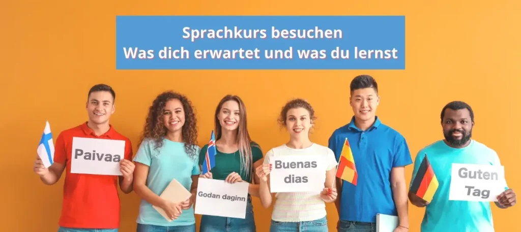Menschen stehen mit Schildern oder Flaggen von verschiedenen Ländern dort