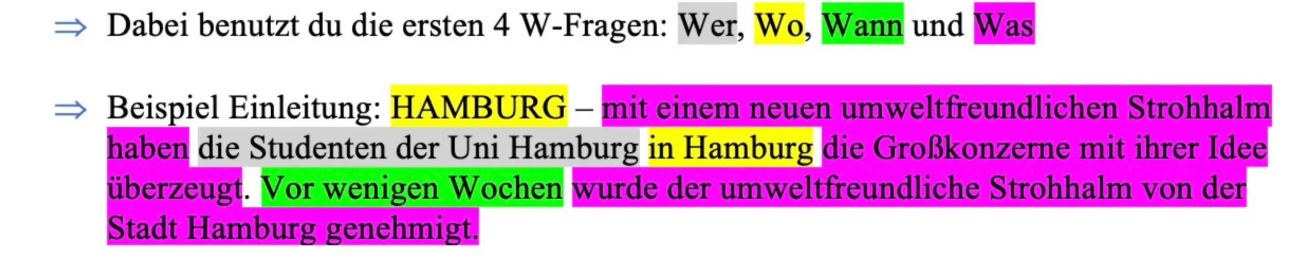 Zeitungsartikel Einleitung die 4 W Fragen Wer, Wo, Wann und Was