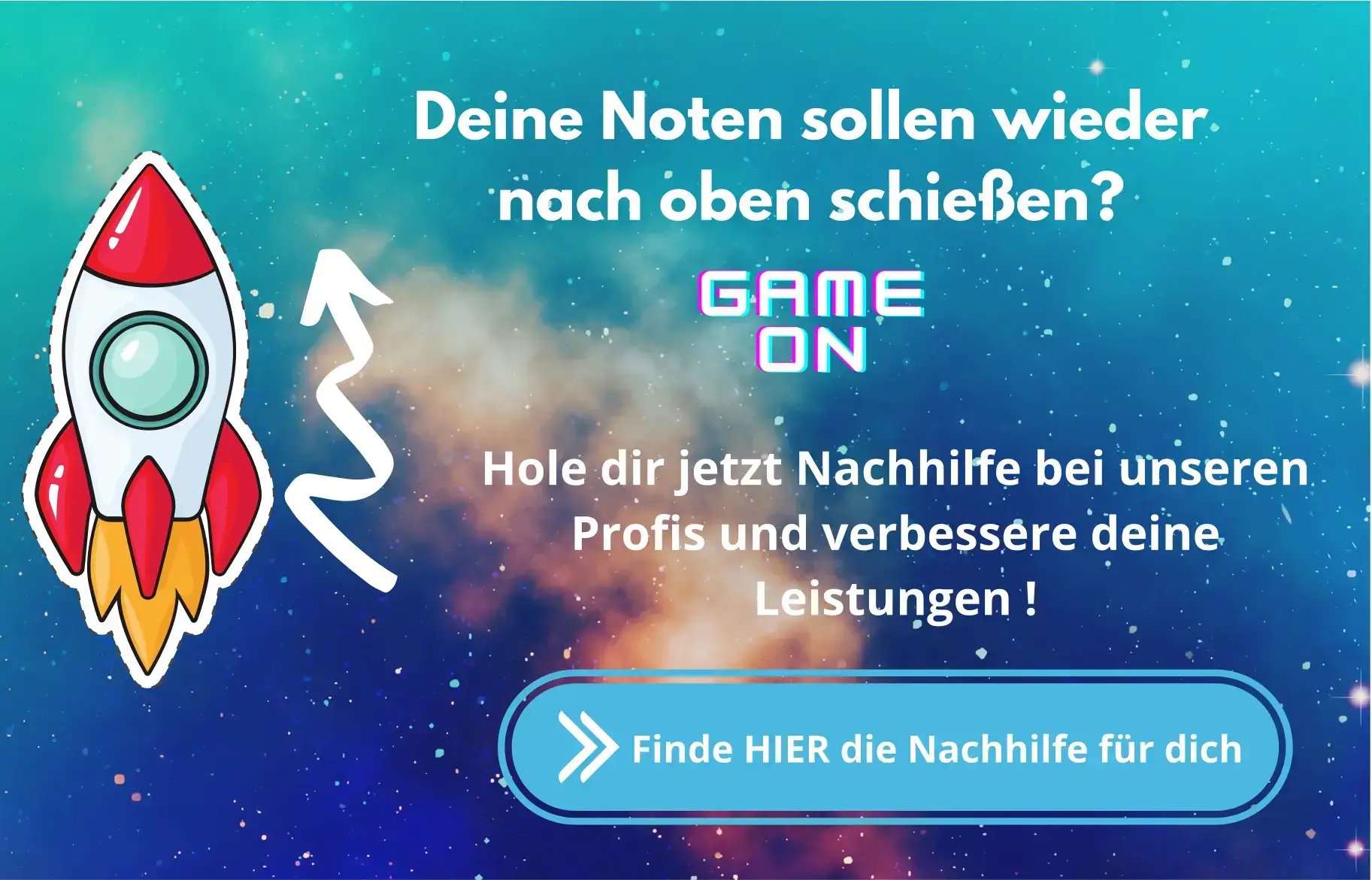 Eine Rakete fliegt am linken Seitenrand. Angebot durch Nachhilfe wieder bessere Noten zu bekommen.