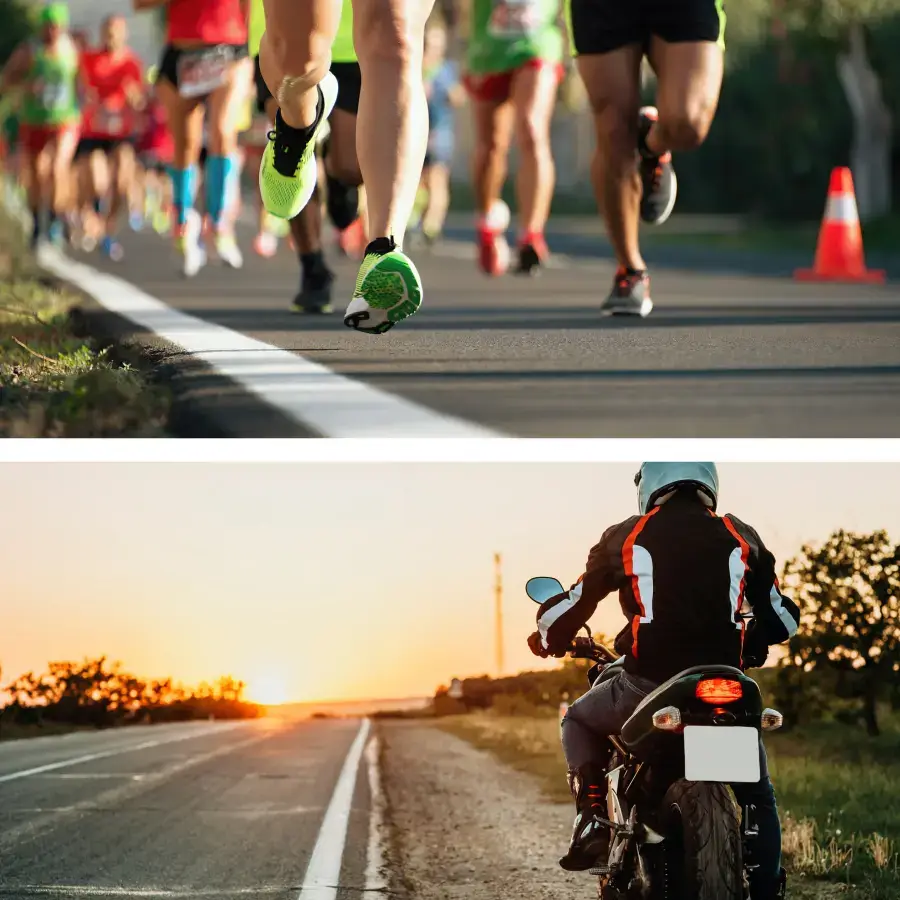 Auf einem geteilten Bild sind oben Marathonläufer und unten ein Motorradfahrer, der dem Sonnenuntergang entgegenfährt zu sehen. Sie dienen als Symbolbild für die Darstellung von Eigenschaften in einem Lebenslauf.