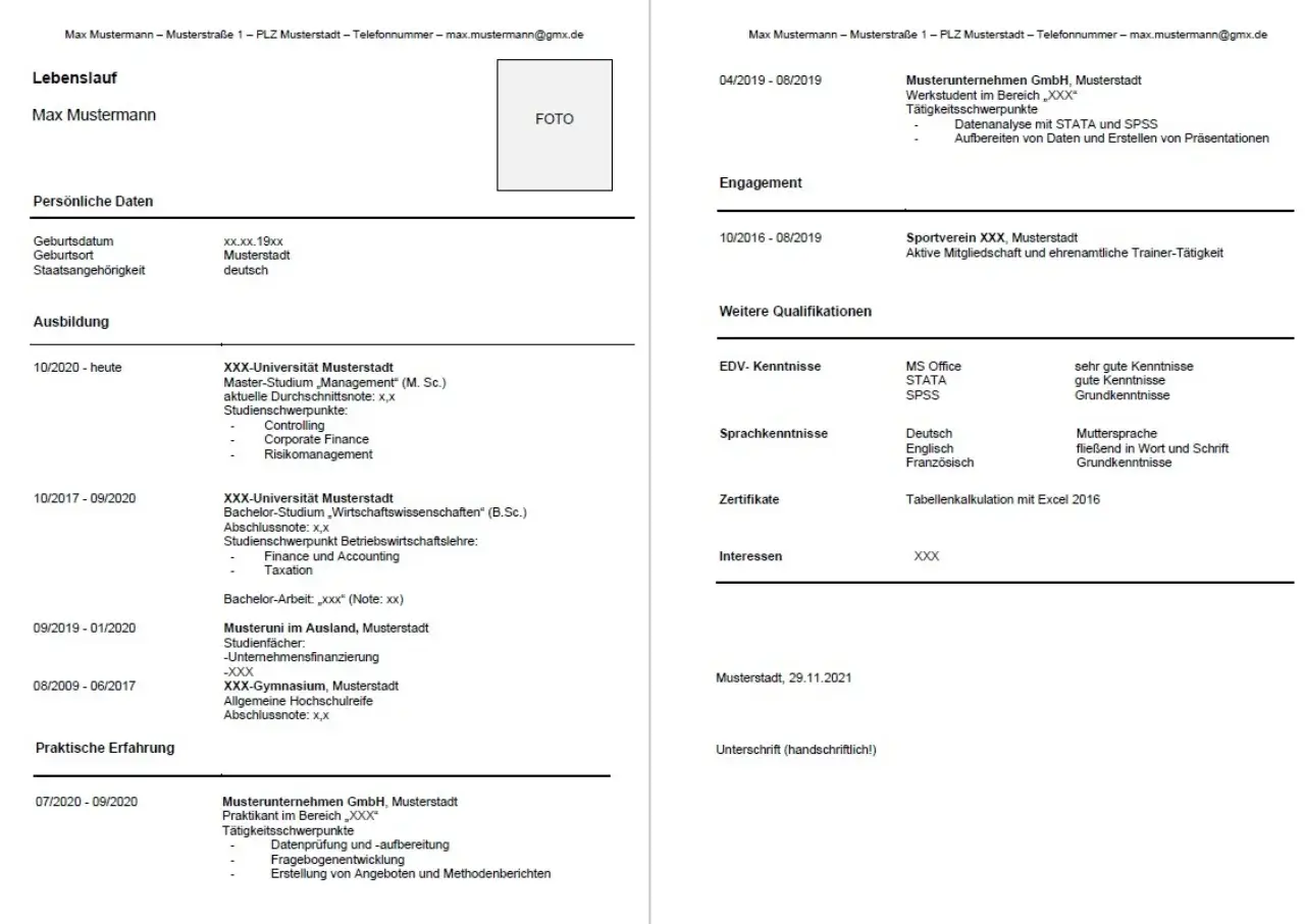 Zweite Variante des tabellarischen Lebenslaufs.