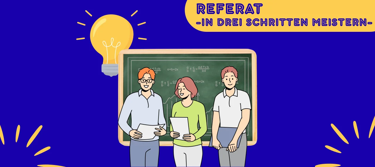 drei Personen die in die Kamera schauen. Sie halten ein Referat. Im Hintergrund eine Tafel.