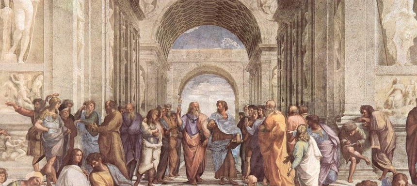 Die Schule von Athen des Malers Raphael (Ausschnitt). Platon ist der Mann mit dem weißen Bart in der Mitte, der nach oben zeigt. Rechts neben ihm steht sein Schüler Aristoteles.