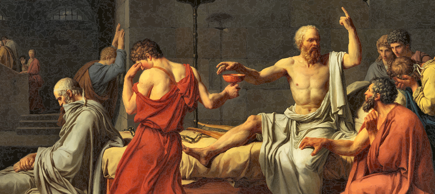 "Der Tod des Sokrates" von Jacques-Louis David (Ausschnitt); Platon ist der alte Mann am Fußende. Eine beliebte Interpretation ist, dass er sich an diese Szene erinnert.