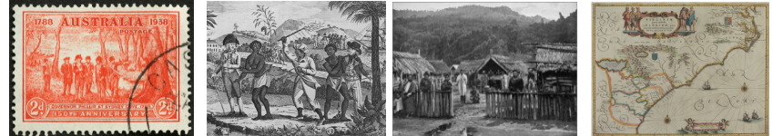 (v. l.) Eine Briefmarke aus dem kolonialen Australien, Sklaven aus Afrika erreichen die Karibik, eine Maori-Siedlung in Neu-Seeland (unter britischer Herrschaft), eine Karte der Kolonie Virginia