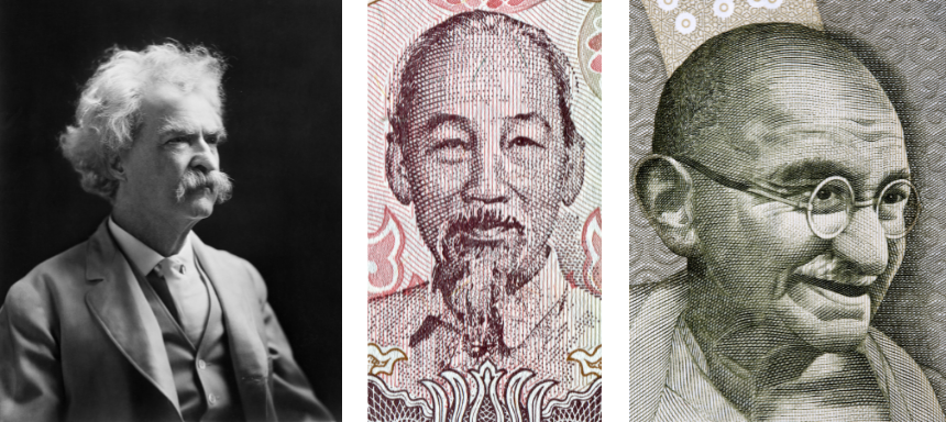 (v.l.) Mark Twain, Ho Chi Minh und Mahatma Ghandhi