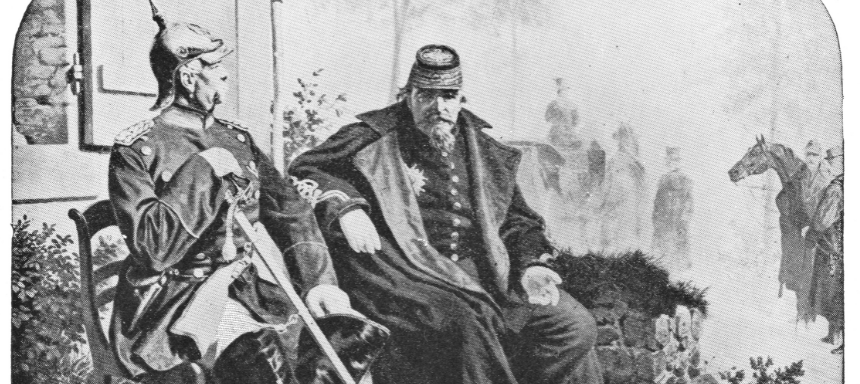 Napoleon III. (rechts) verhandelt mit Otto von Bismarck seine Niederlage im deutsch-französischen Krieg