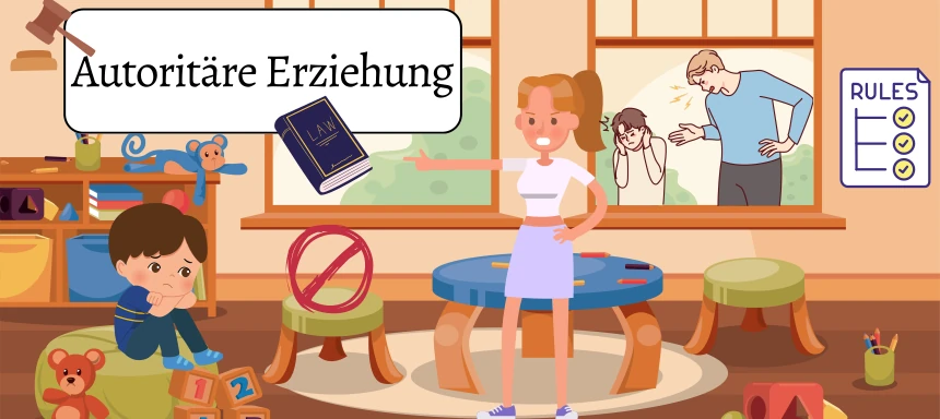 Ein Kind sitzt im Kinderzimmer und wird von der Mutter angeschrien, während ein anderes Kind vor dem Fenster vom Vater angeschrien wird zur Veranschaulichung von autoritärer Erziehung.