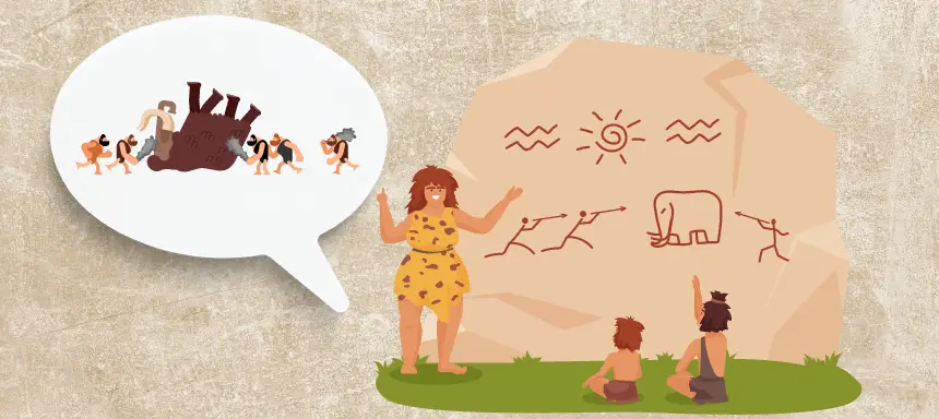 Es wird abgebildet wie ein Erwachsener in der Steinzeit den Kindern ihre Aufgaben zeigt, um Nahrung zu verschaffen.