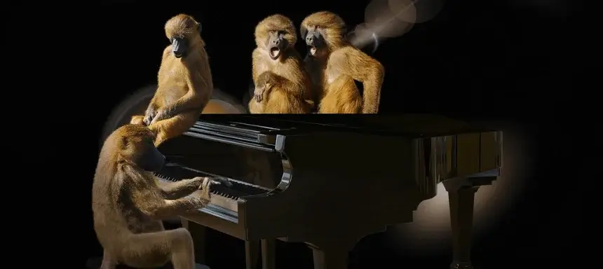 Vier Affen bei einem Klavier als Beitragsbild für den Artikel Quintenzirkel.