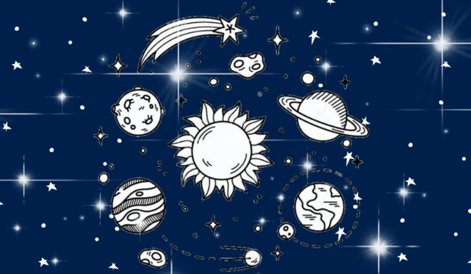 Sonnensystem Zeichnung einer Sonne mit den Planeten um sie herum