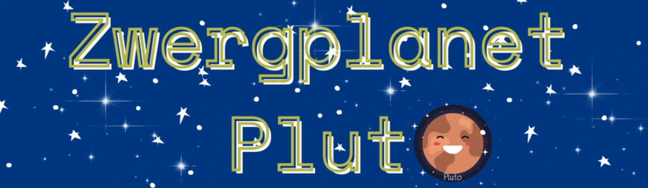 Zwergplanet Pluto Schrift: Zwergplanet Pluto, wobei das O von Pluto eine kleine orangene Kugel ist