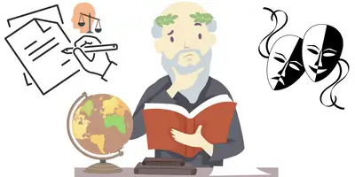 Nachdenklicher Aristoteles, der ein Buch in der Hand hält und neben ihm ein Globus sowie Symbole für Drama und Schreiben.