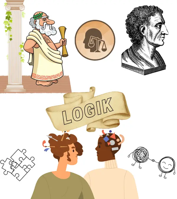 Aristoteles und Alexander der Große sowie andere Symbole und Figuren, die das Konzept Logik darstellen.