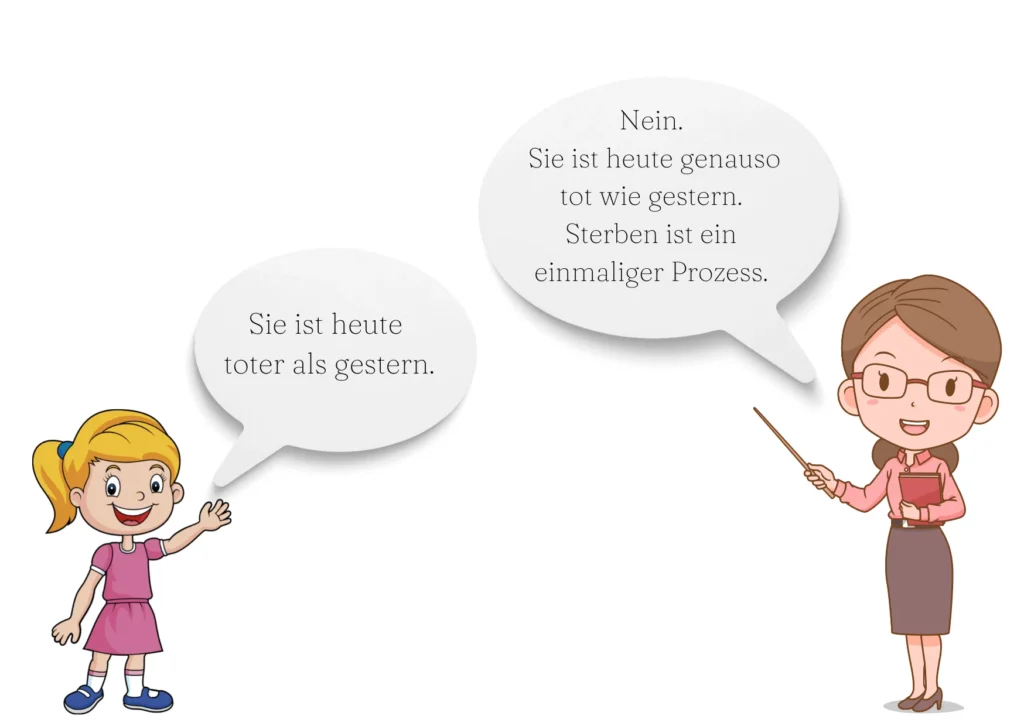 Kind: Sie ist heute toter als gestern. Frau: Nein. Sie ist heute genauso tot wie gestern. Sterben ist ein einmaliger Prozess.