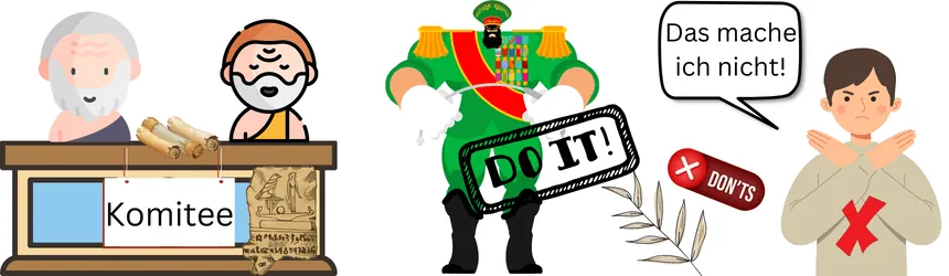 Sokrates-Befehl Illustration in der links ein Komitee sitzt, in der Mitte ein General mit dem Aufdruck "Do it!" und einem Jungen rechts, der seine Arme verschrenkt und "das mache ich nicht!" sagt