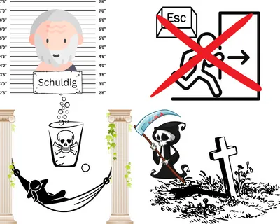 Sokrates Hinrichtung Viergeteiltes Bild, oben links: ein Mann bei dem schuldig steht, rechts ein Cartoon, das zeigt, dass es keinen Ausweg gibt, links unten von einer Person die auf einer Hängematte liegt, über ihm ein vergiftetes Glas und rechts unten der Tod, der neben einem christlichen Grab steht