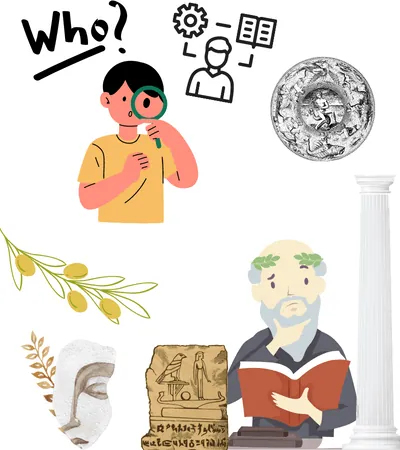 Sokrates-Philosophie Illustrationen die altgriechische Dinge darstellen. Links oben ist ein Junge mit Lupe, der sich "Who?" fragt