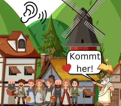 Sokrates-Rede Illustration eines Dorfes, in der rechts im altgriechischen Gewand steht und "Kommt her!" sagt