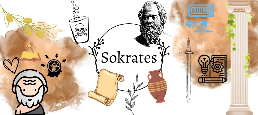 Bild von Sokrates mit altgriechischen Illustrationen