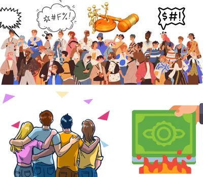 Sokrates Tod Oben ein Bild von einer streitenden Gesellschaft und unten einer Gruppe die sich umarmt, rechts wird etwas verbrannt