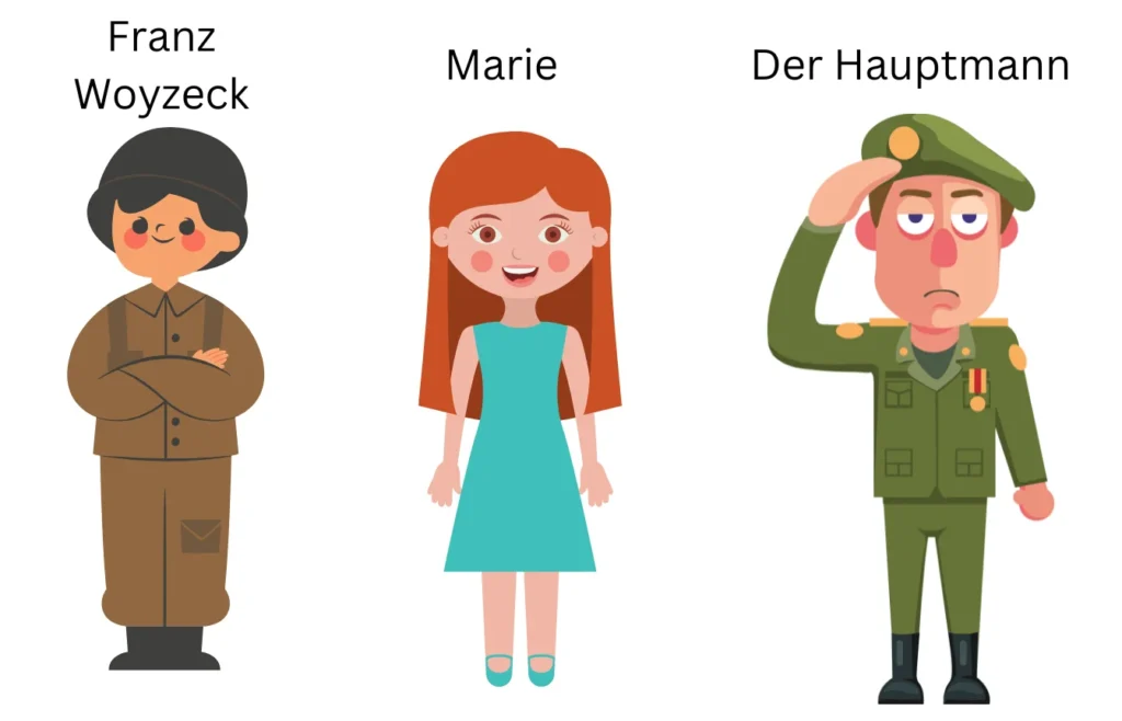 Ein junger Soldat, ein junges Mädchen und ein Hauptmann werden dargestellt