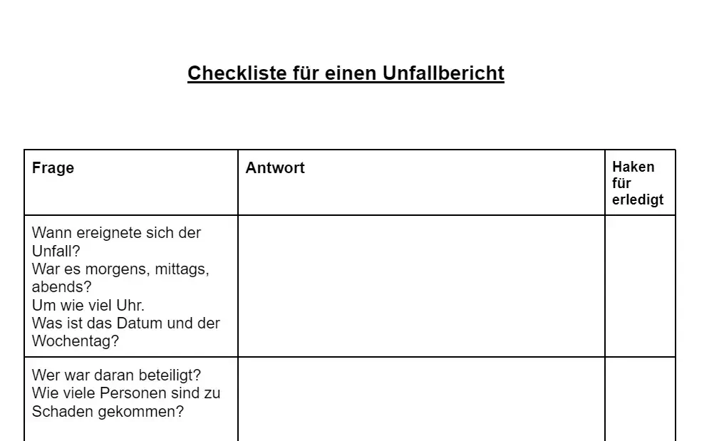 Vorschau zu einer Liste, die Fragen über einen Unfall stellt.