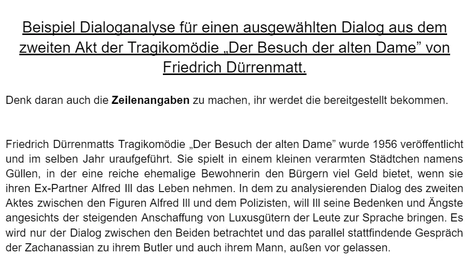 Anfangsausschnitt der Dialoganalyse von "Der Besuch der alten Dame"