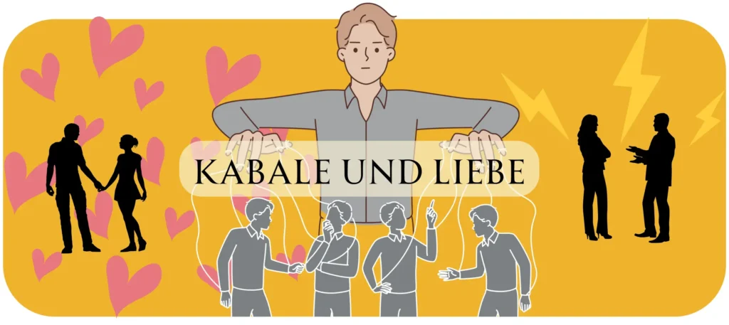 Links ein liebendes Paar; rechts ein streitendes Paar. In der Mitte ein Mann, der an Strippen zieht, um andere zu kontrolliere. Kabale und Liebe steht in der Mitte.