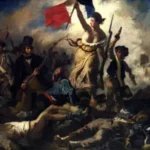 Typisches Symbolbild der frz. Revolution. Eine Frau, die eine frz. Flagge hochhält. Ölgemälde.