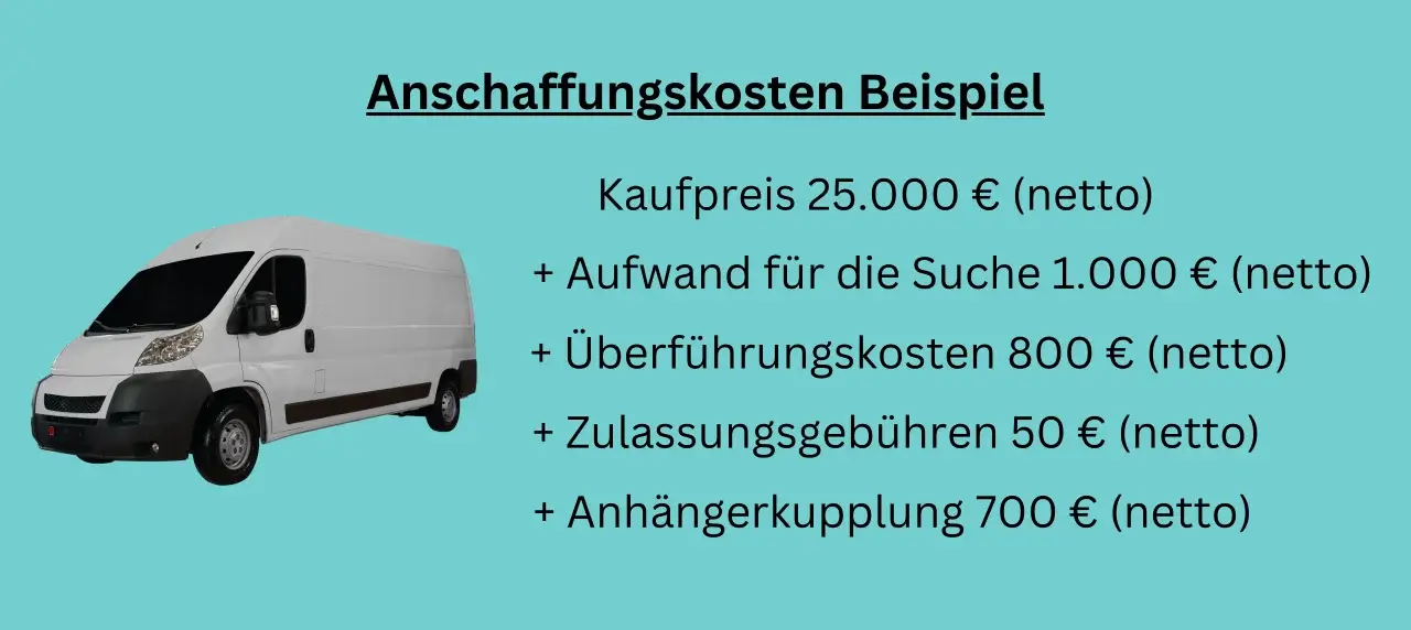 Anschaffungskosten Beispiel, Kaufpreis 25.000 € (netto) + Aufwand für die Suche 1.000 € (netto) + Überführungskosten 800 € (netto) + Zulassungsgebühren 50 € (netto) + Anhängerkupplung 700 € (netto)