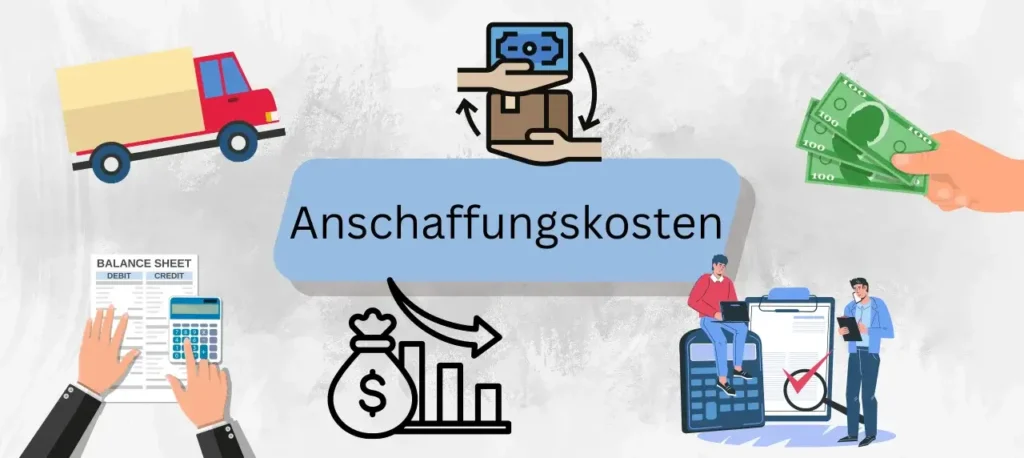 Anschaffungskosten - Personen, die rechnen, ein Transporter, Geld und Taschenrechner sind abgebildet.