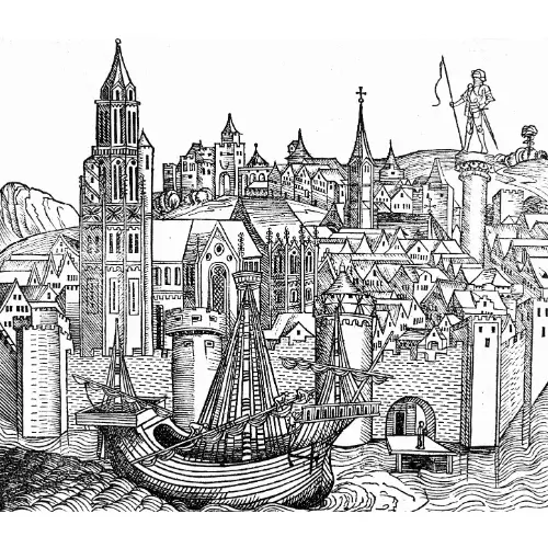Zeichnung zum Grundriss einer mittelalterlichen Stadt, umgeben von einer Stadtmauer und Wasser, innen drin befinden sich die Wohnhäuser, das Rathaus und die Kirche