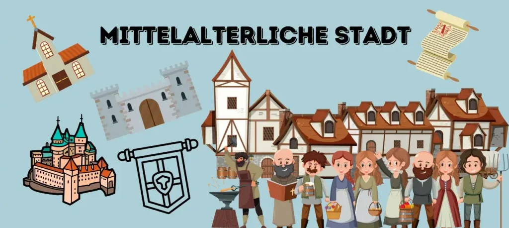 Die unterschiedlichen Menschen einer mittelalterlichen Stadt stehen vor mittelalterlichen Häusern, eine Kirche, ein Stadttor, eine Schriftrolle, ein Zunftzeichen und der Grundriss einer mittelalterlichen Stadt sind abgebildet