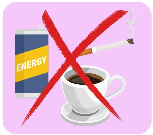 Ein Kaffee, Energydrink und eine Zigarette hinter einem Kreuz als Darstellung der Strategie "Vermeidung von Stimulanzien", um Sympathikus und Parasympathikus ins Gleichgewicht zu bringen