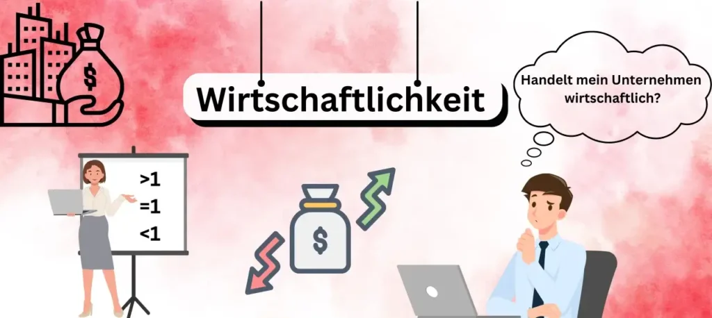 Ein Geschäftsmann, der sich fragt, ob sein Unternehmen wirtschaftlich handelt. Eine Geschäftsfrau, die die Ergebnisse >1, =1,